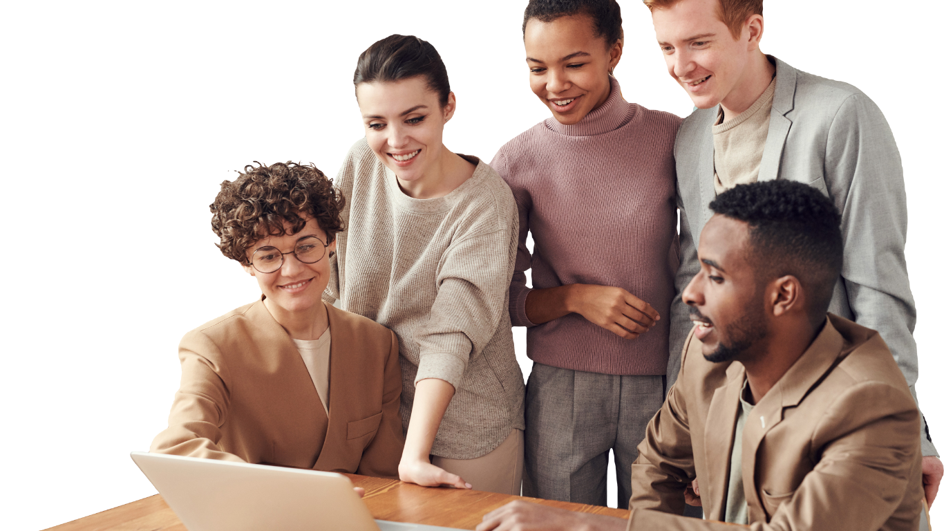Team of people sitting and standing around a desk while looking at a laptop screen.